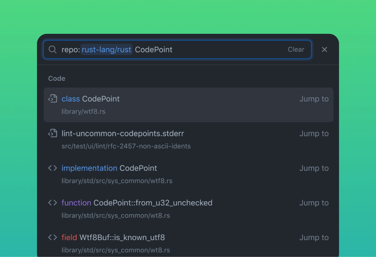 Screenshot showing the GitHub code search interface, with a search query for 'CodePoint' within the rust-lang/rust repository. The search results include various symbols and files related to 'CodePoint,' such as 'class CodePoint' in the library/wtf8.rs file, 'implementation CodePoint' in another file, and specific functions and fields like from_u32_unchecked and is_known_utf8. Each result has a 'Jump to' link on the right, allowing users to quickly navigate to the corresponding code. The background features a gradient from teal to green.