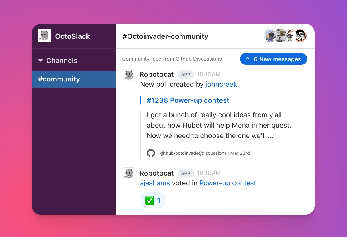 Screenshot of a Slack-like interface named 'OctoSlack' with the #community channel selected. The right panel displays a community feed from GitHub Discussions, where Robotoocat announces a new poll created by johncreek titled 'Power-up contest.' The message includes a snippet of the poll description and a link to the discussion. Robotoocat also notes that ajashams voted in the poll. The interface features a purple-to-pink gradient background.